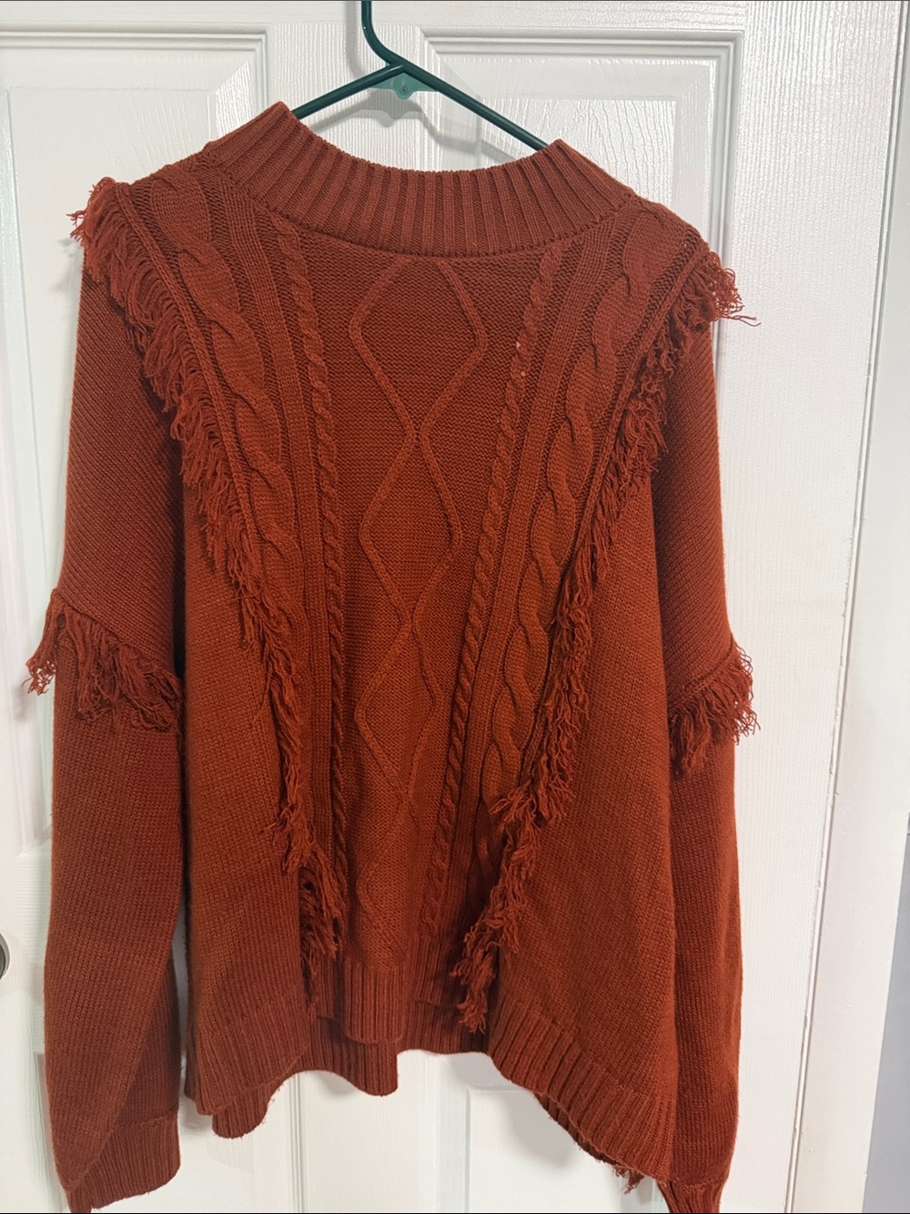 Fringed Cable-Knit Turtleneck Sweater - Rust